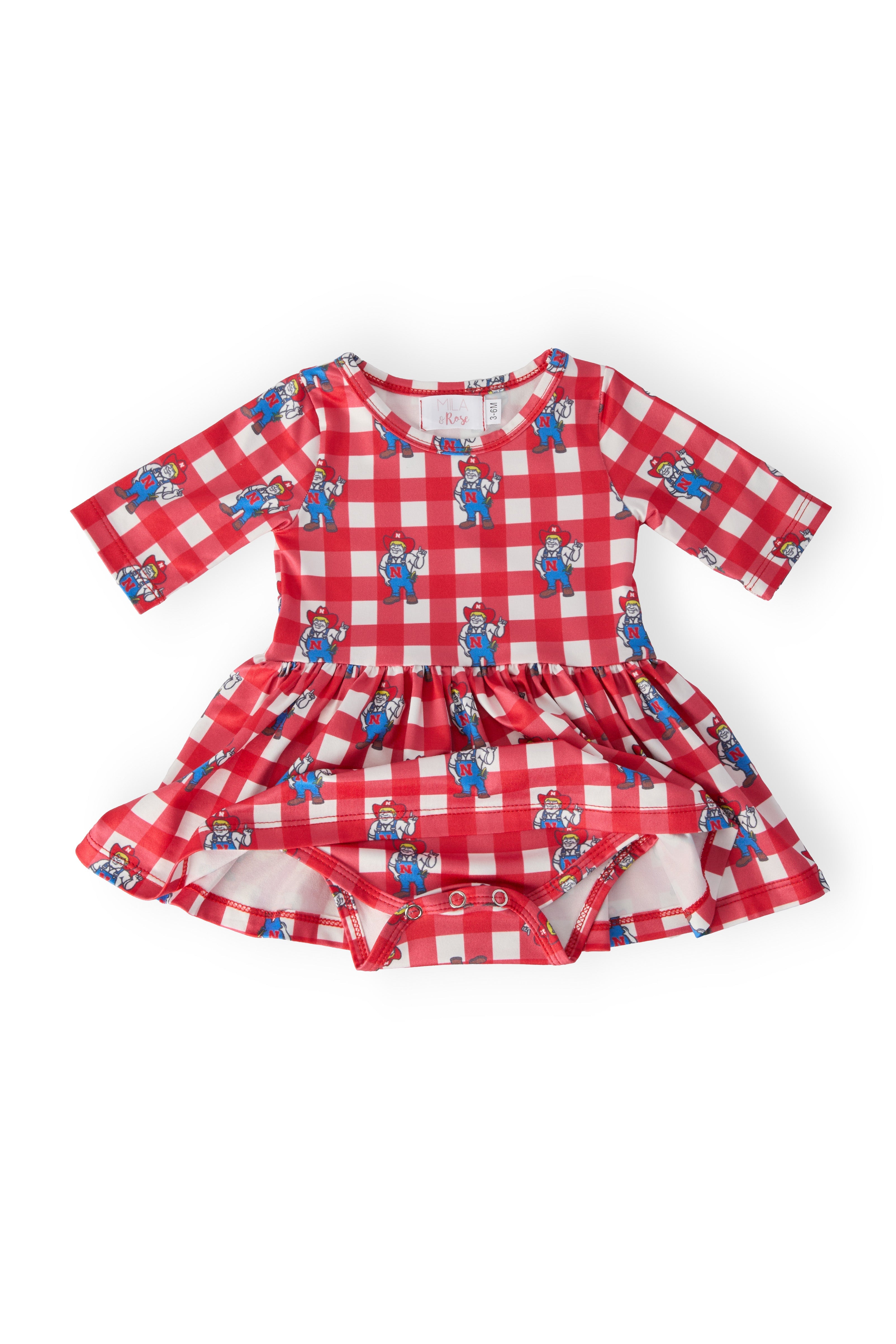 Nebraska Plaid Herbie Husker 3/4 Sleeve Twirl Bodysuit by Mila & Rose ®