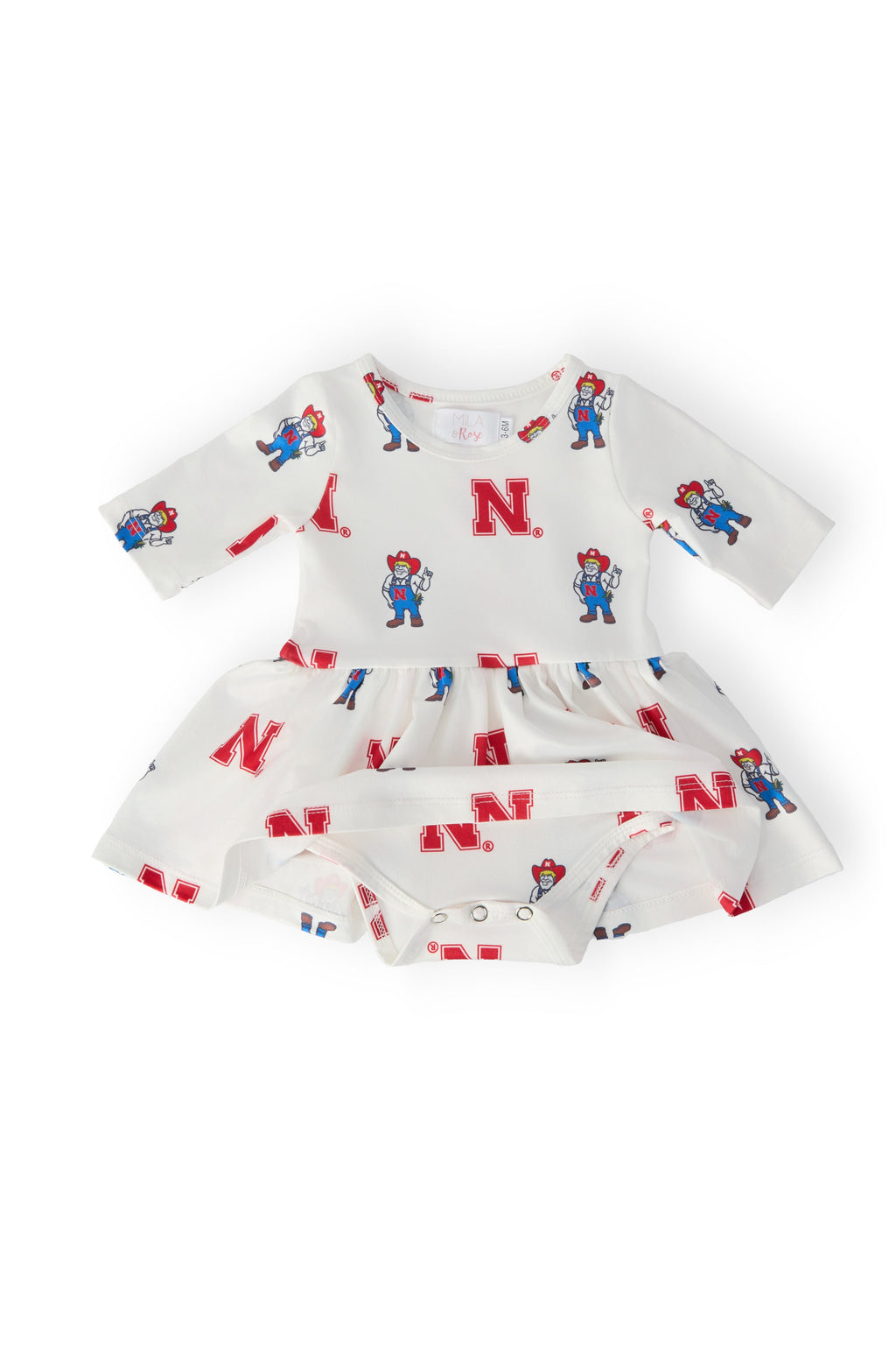Nebraska White Herbie Husker 3/4 Sleeve Twirl Bodysuit by Mila & Rose ®