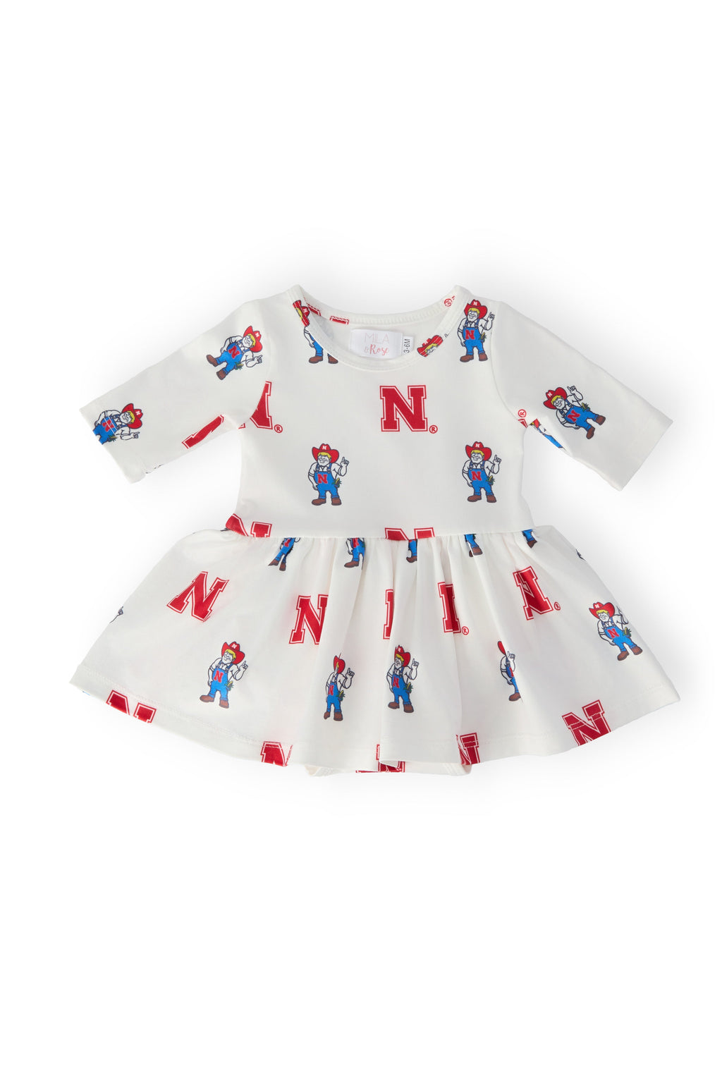 Nebraska White Herbie Husker 3/4 Sleeve Twirl Bodysuit by Mila & Rose ®