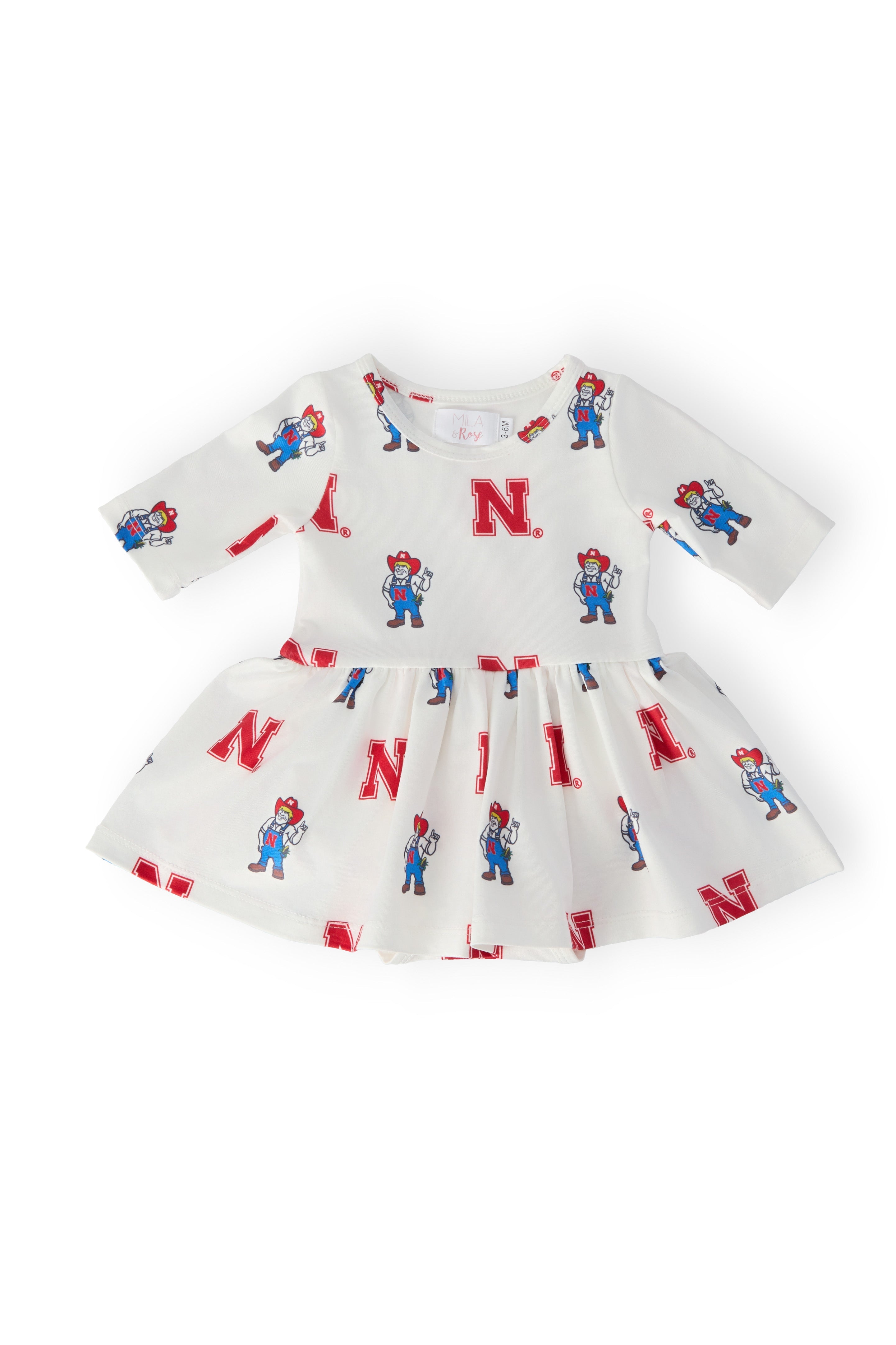 Nebraska White Herbie Husker 3/4 Sleeve Twirl Bodysuit by Mila & Rose ®