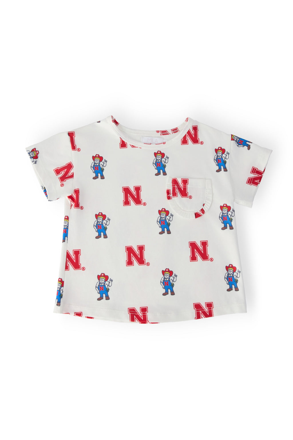 Nebraska White Herbie Husker Ruffle Pocket Tee by Mila & Rose ®