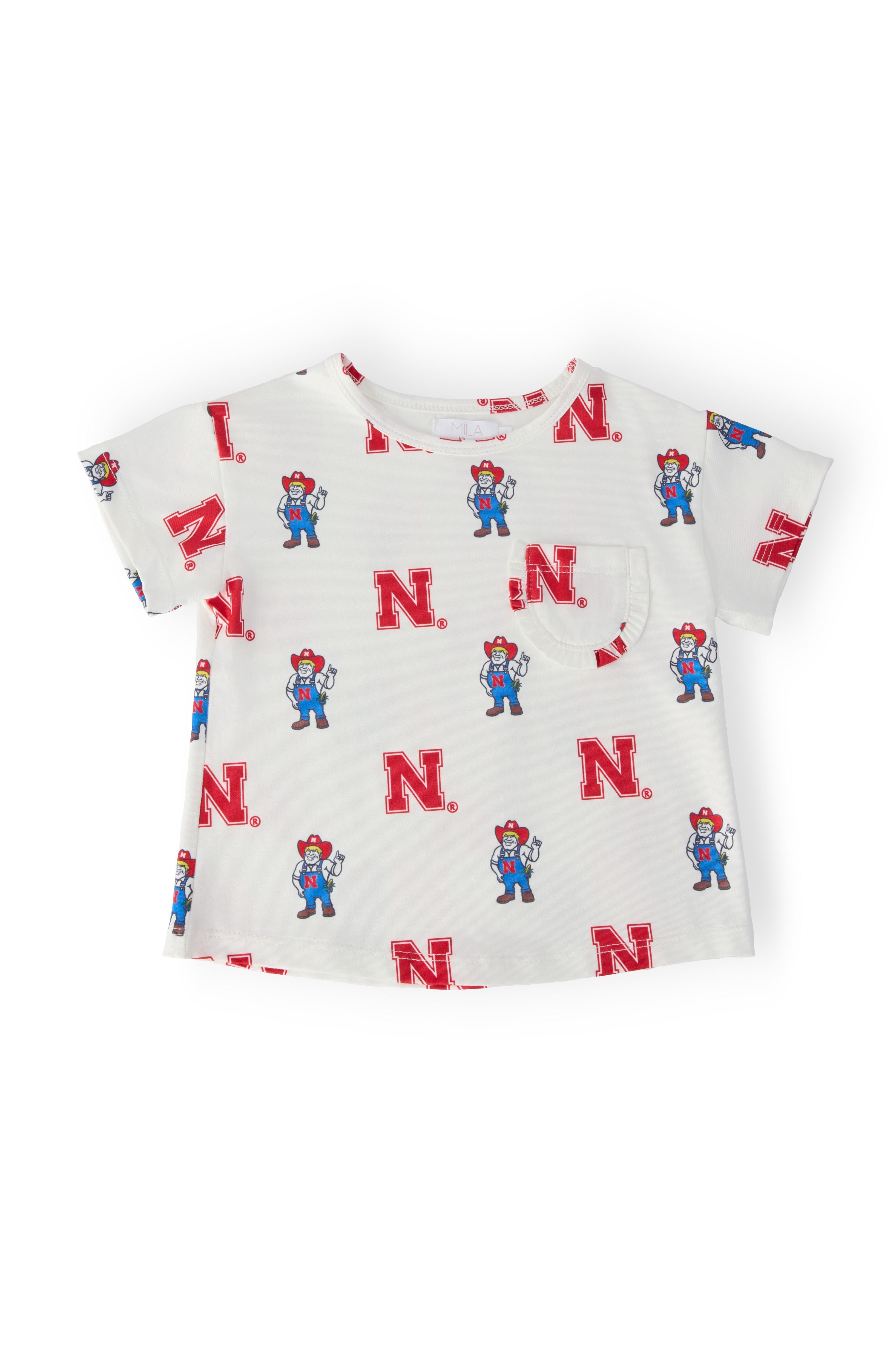 Nebraska White Herbie Husker Ruffle Pocket Tee by Mila & Rose ®
