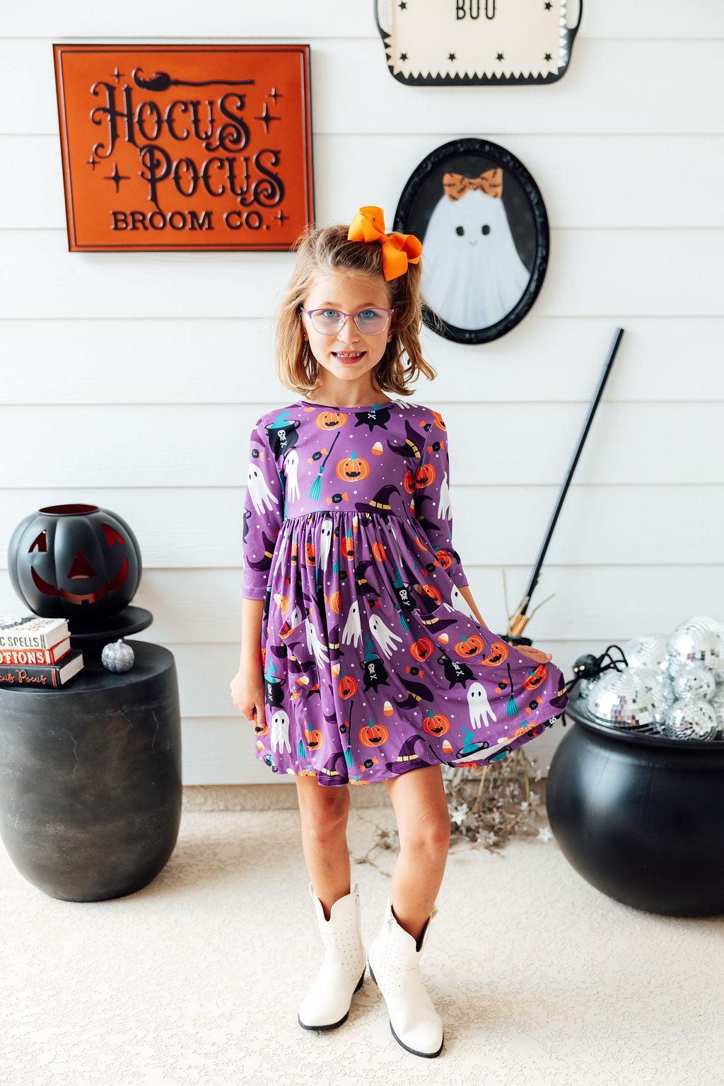 No Tricks, Just Treats 3/4 Sleeve Pocket Twirl Dress by Mila & Rose ®