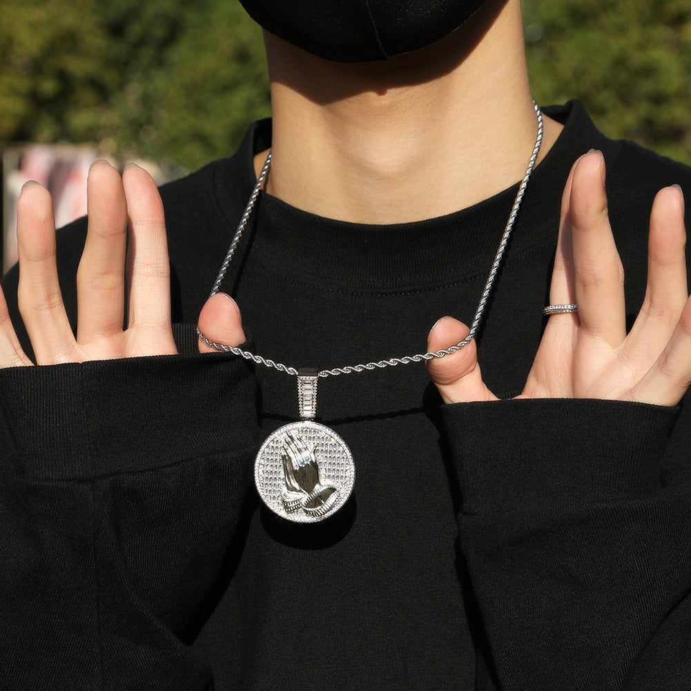 Hip-hop round disc zircon-encrusted praying hands pendant by nowadaysfashion