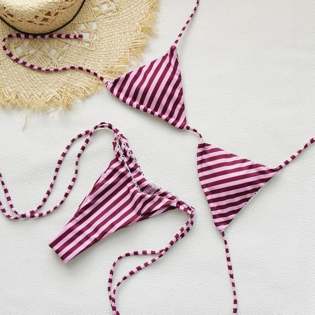 Women Three Point Striped Printed Lace up Sexy Backless Low Waist Bikini Split Swimsuit Bikini by Bella Mia