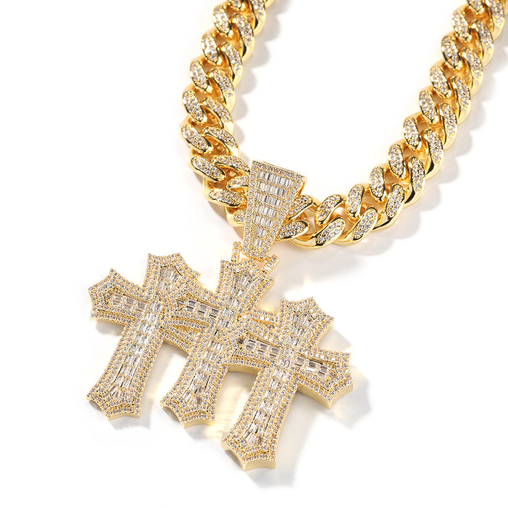 Hip-hop diamond-encrusted zircon three-cross Cuban necklace by nowadaysfashion