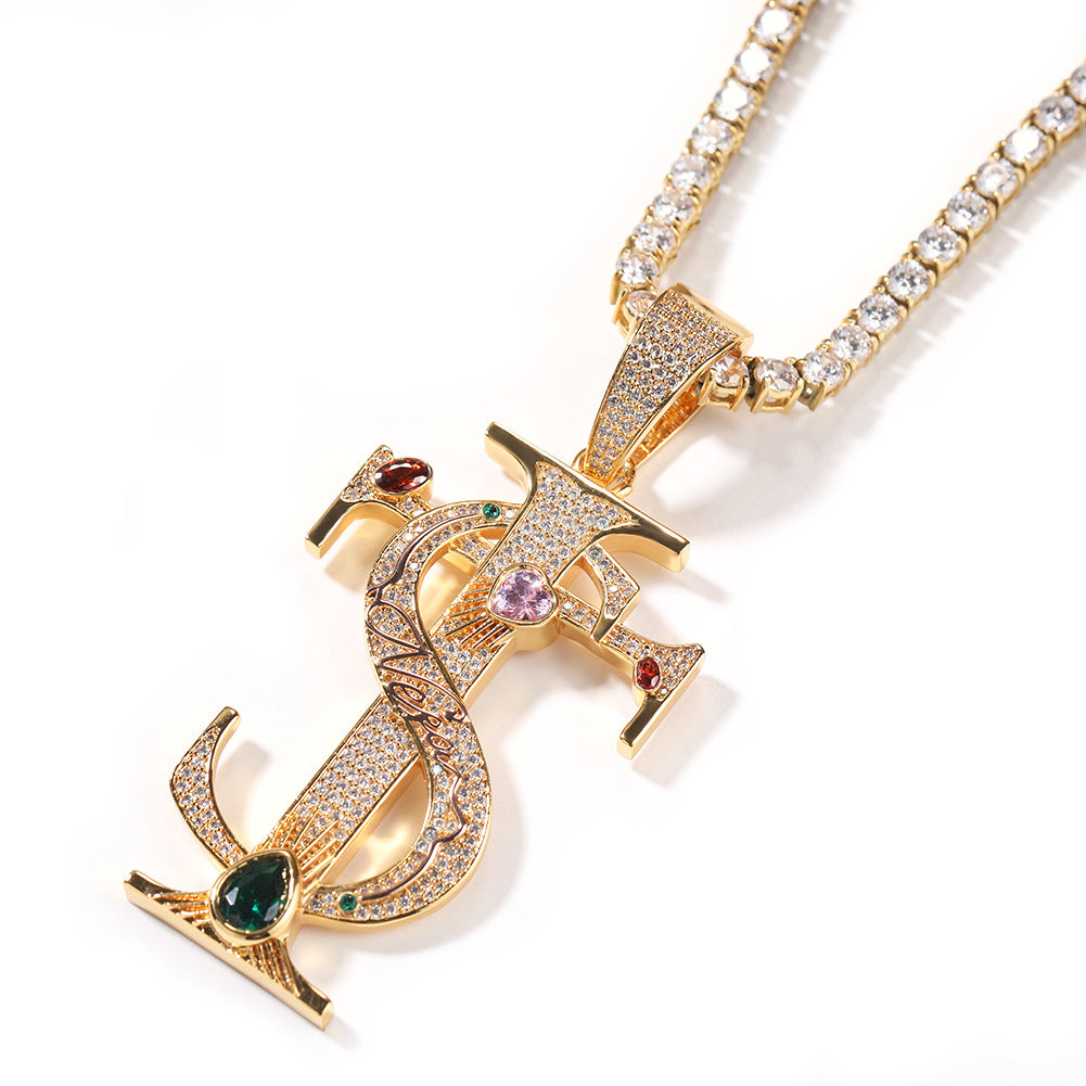 Hip-hop colored zircon TS cross necklace by nowadaysfashion