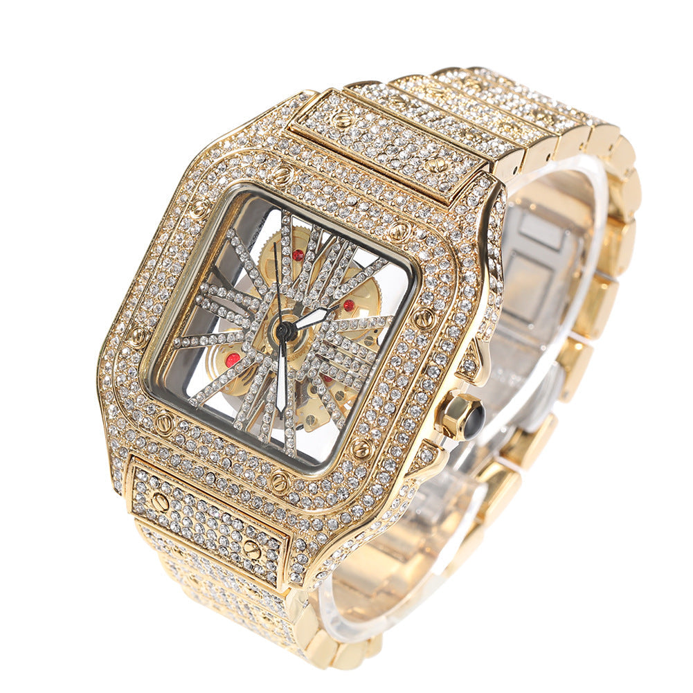Hip-hop diamond-encrusted hollowed-out square watch by nowadaysfashion