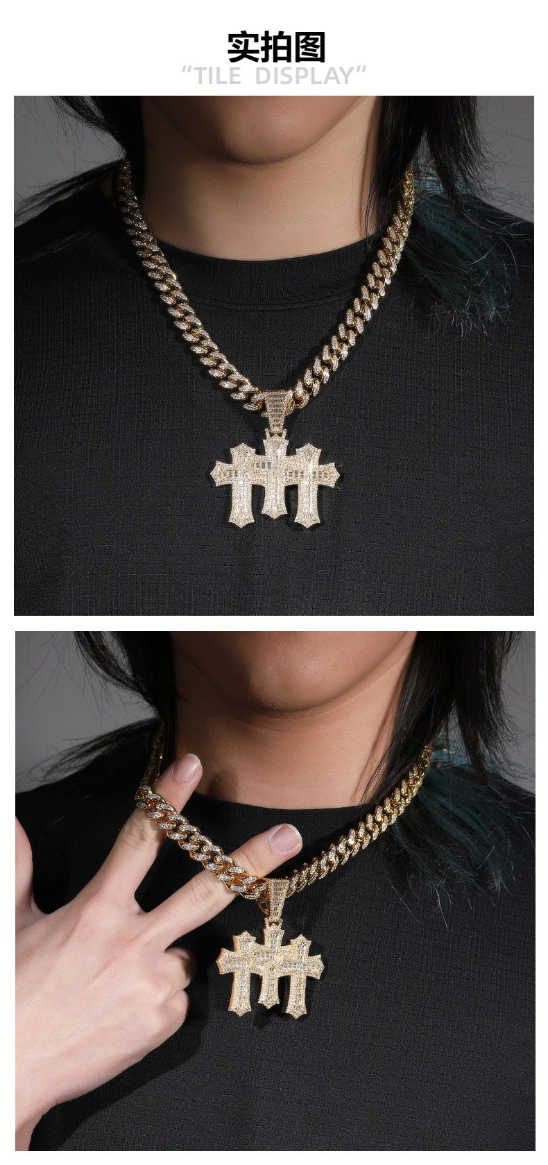 Hip-hop diamond-encrusted zircon three-cross Cuban necklace by nowadaysfashion