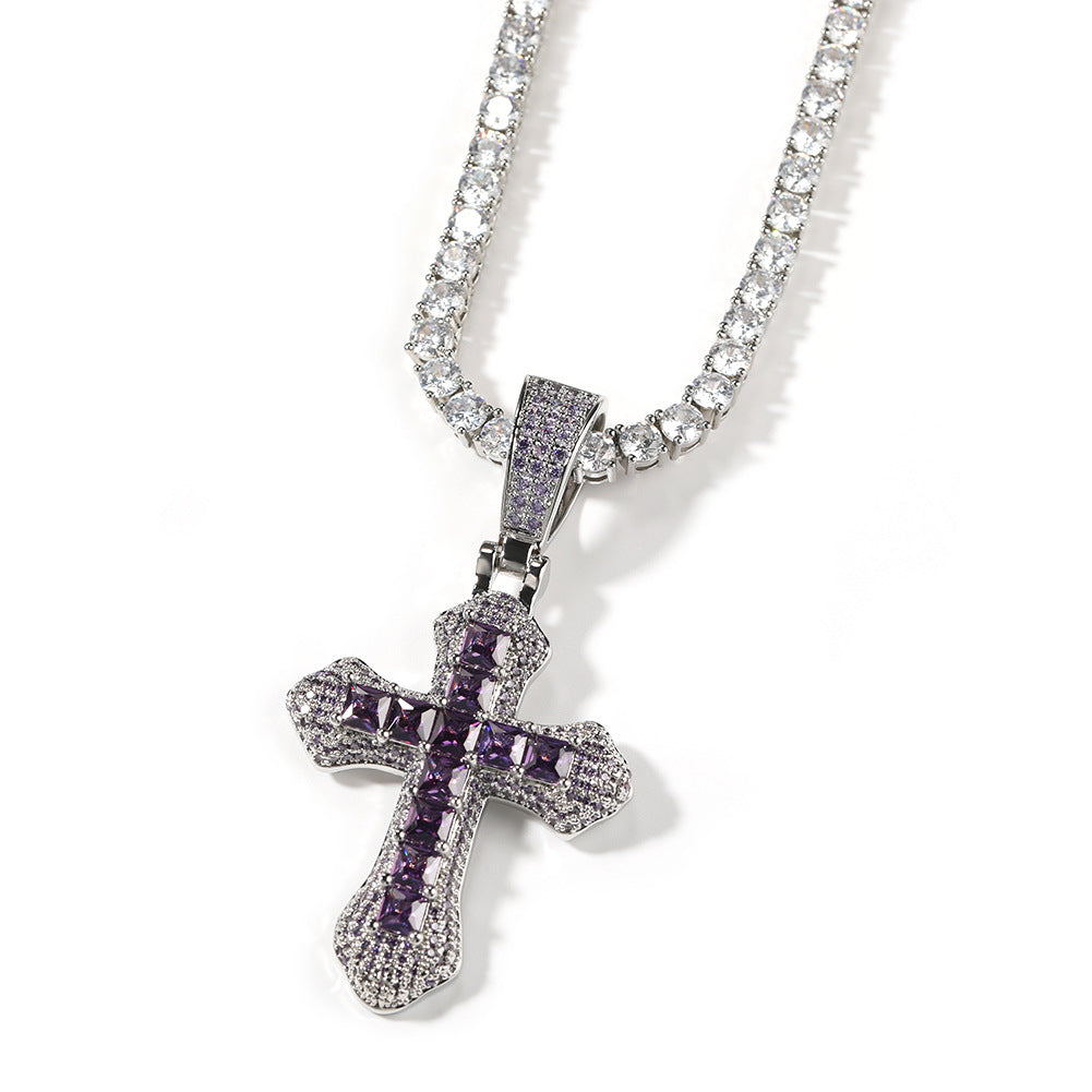 Hip-hop copper-inlaid purple zircon cross necklace by nowadaysfashion