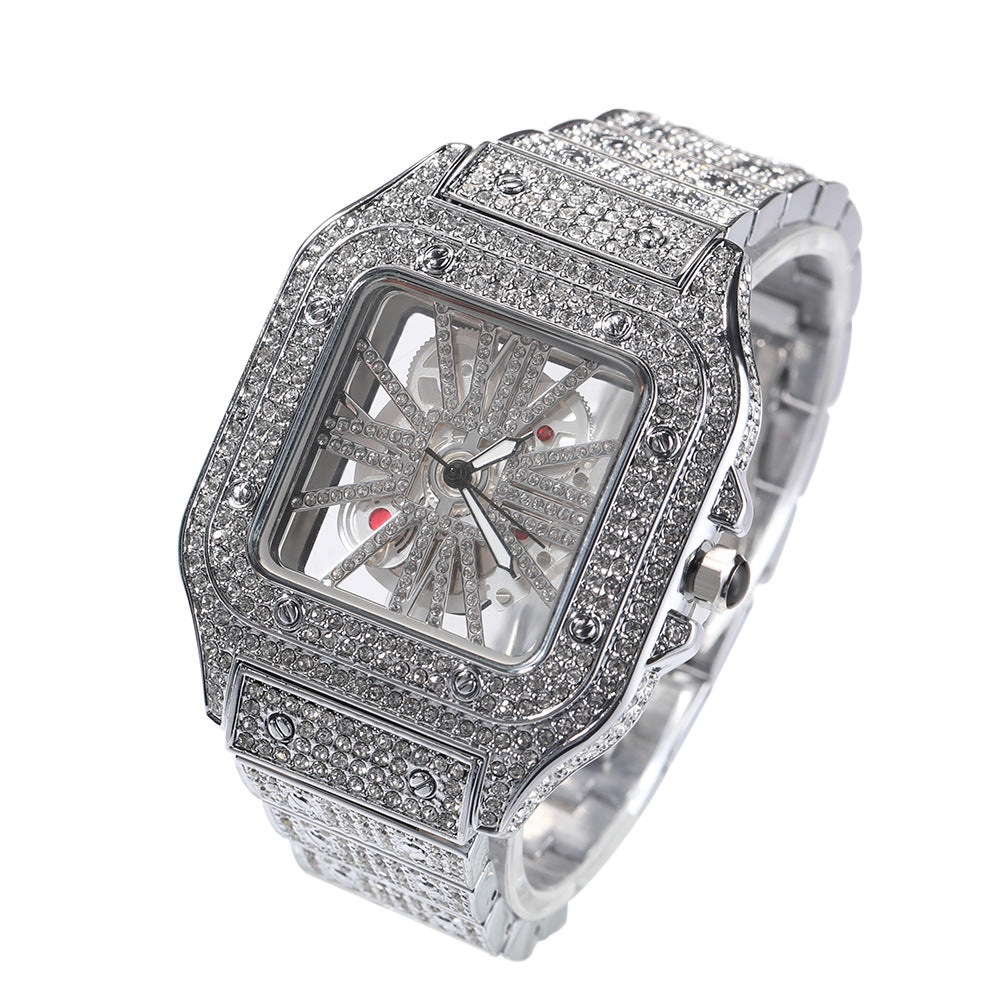 Hip-hop diamond-encrusted hollowed-out square watch by nowadaysfashion