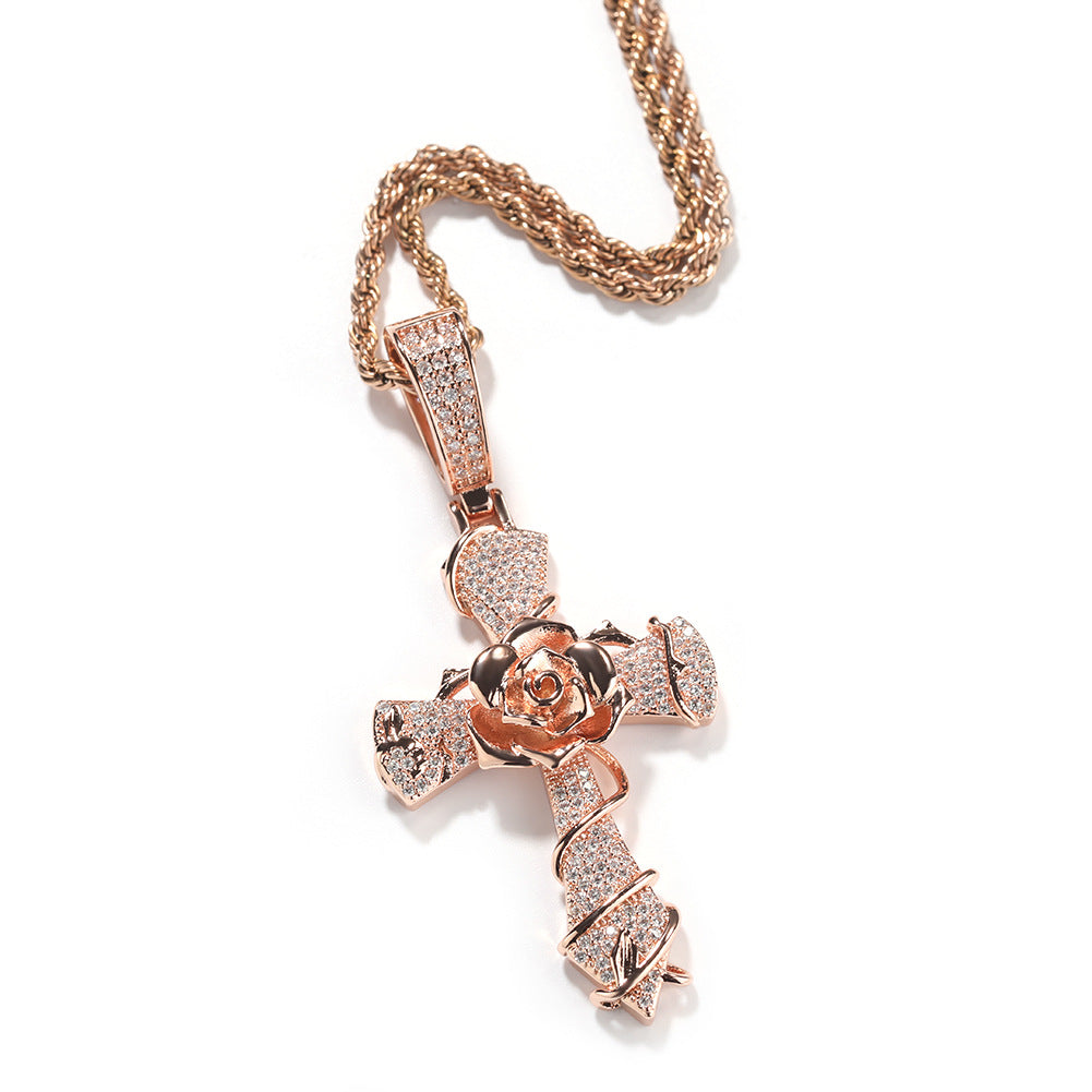 Hip-hop rose cross necklace with 5A zircon inlay by nowadaysfashion