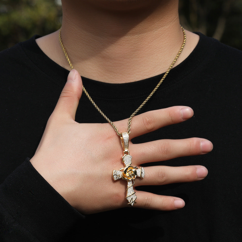 Hip-hop rose cross necklace with 5A zircon inlay by nowadaysfashion