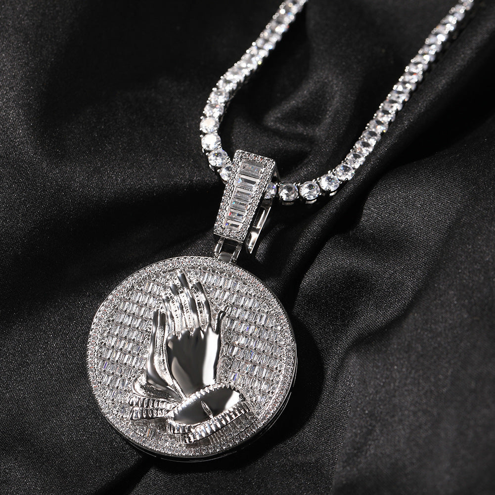 Hip-hop round disc zircon-encrusted praying hands pendant by nowadaysfashion