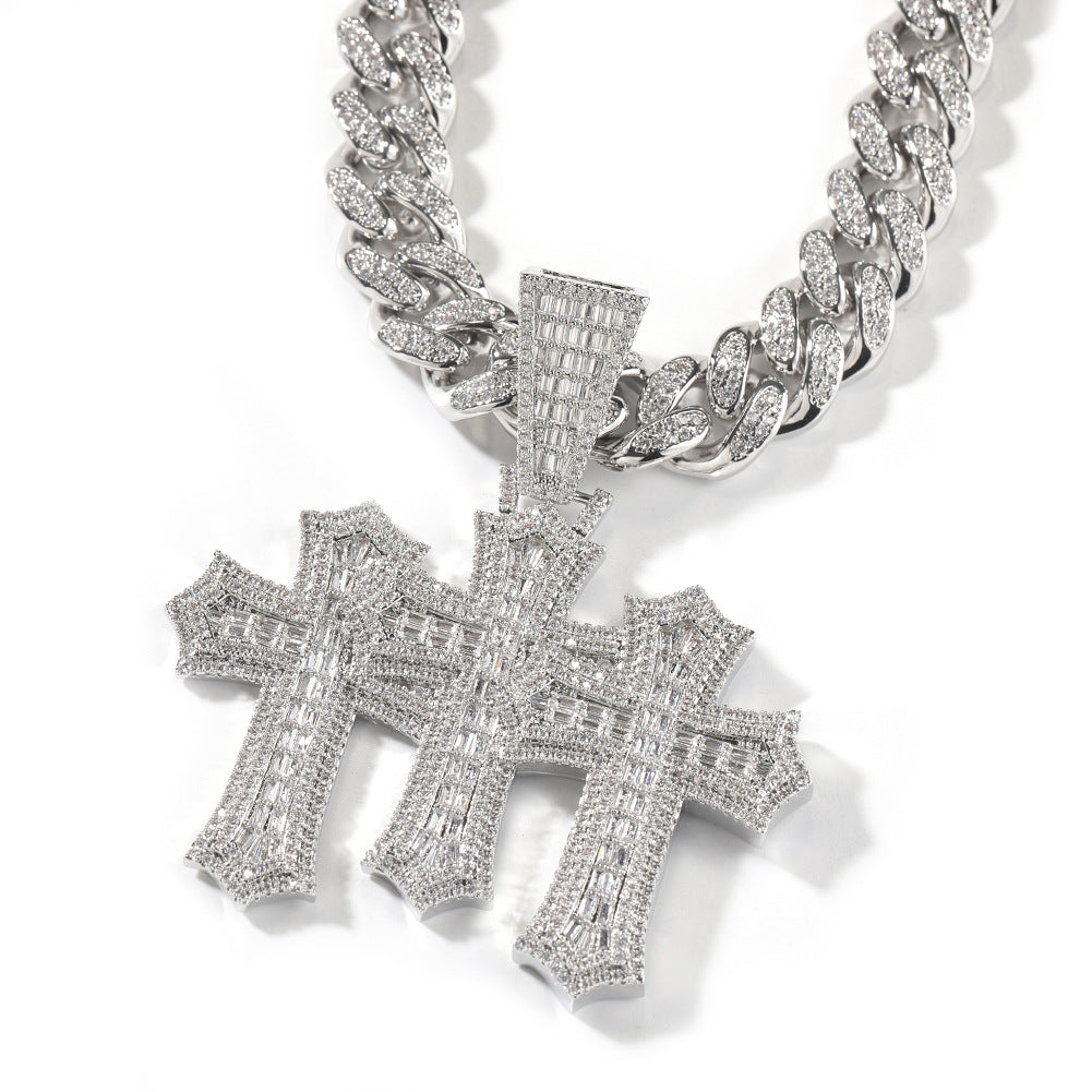 Hip-hop diamond-encrusted zircon three-cross Cuban necklace by nowadaysfashion