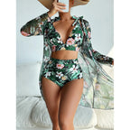 Swimwear Women Split Long Sleeved Blouse Sexy Print Bikini Swimsuit Three Piece Swimsuit by Bella Mia