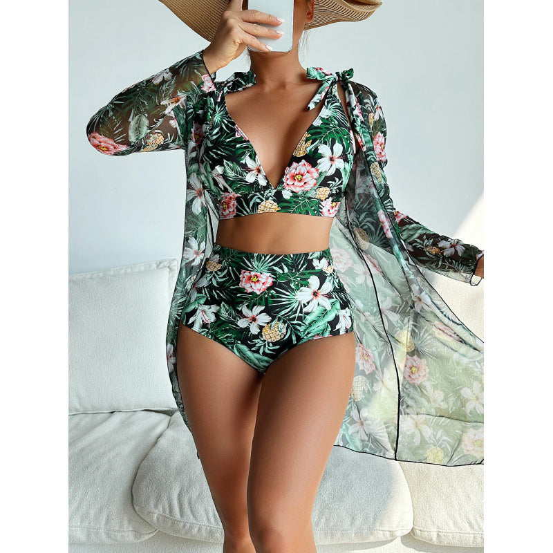 Swimwear Women Split Long Sleeved Blouse Sexy Print Bikini Swimsuit Three Piece Swimsuit by Bella Mia