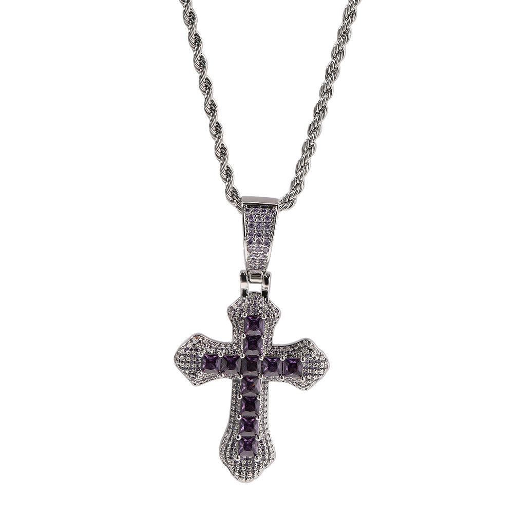 Hip-hop copper-inlaid purple zircon cross necklace by nowadaysfashion