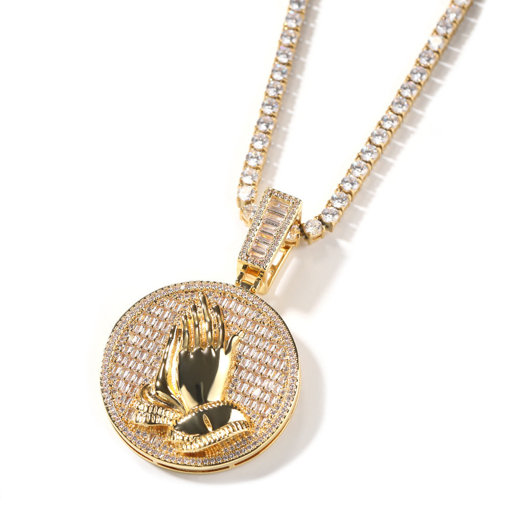 Hip-hop round disc zircon-encrusted praying hands pendant by nowadaysfashion