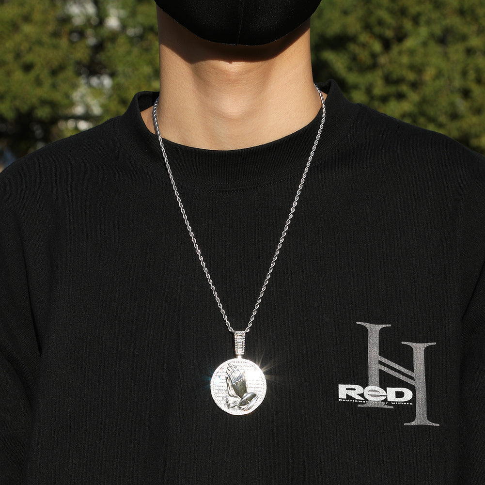 Hip-hop round disc zircon-encrusted praying hands pendant by nowadaysfashion