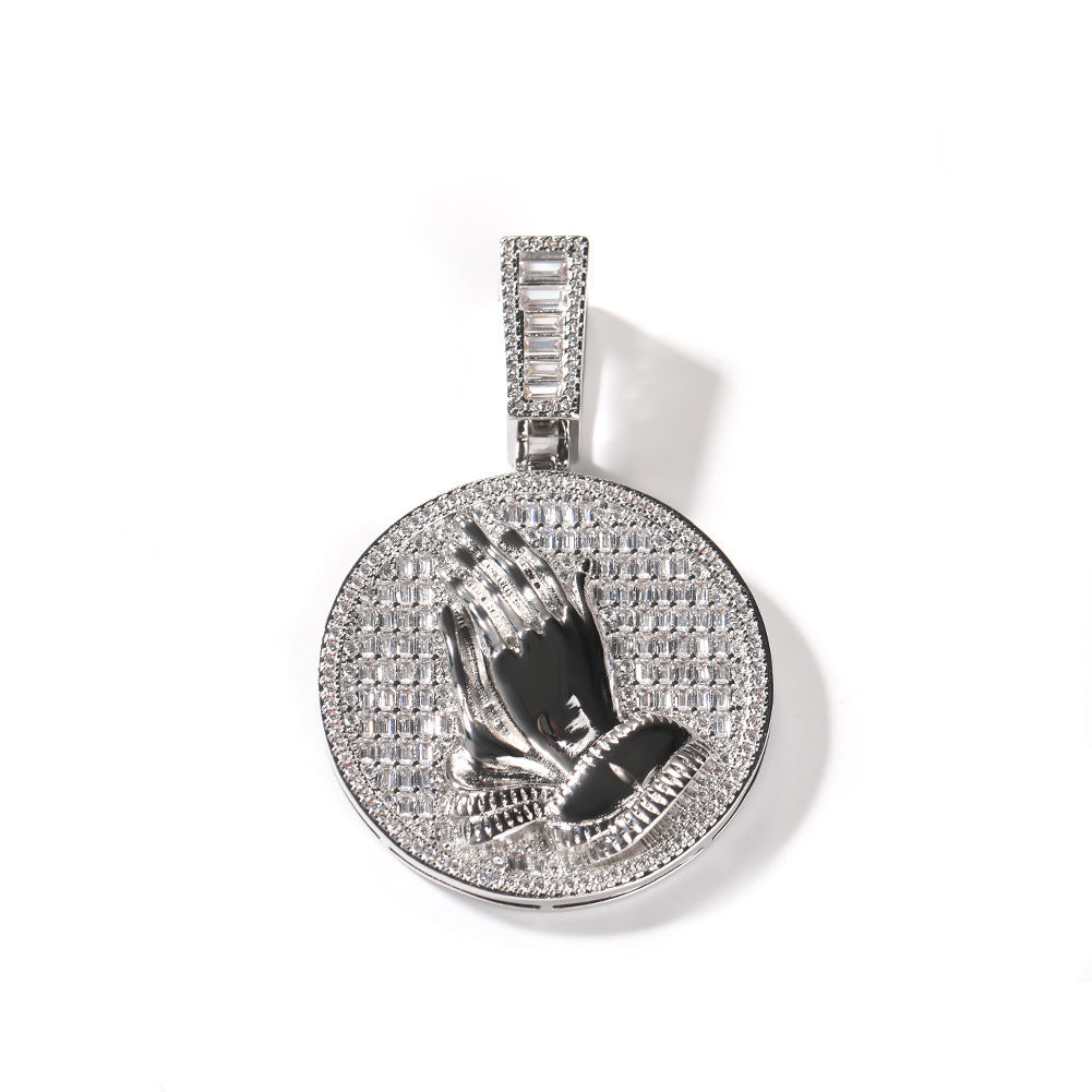 Hip-hop round disc zircon-encrusted praying hands pendant by nowadaysfashion