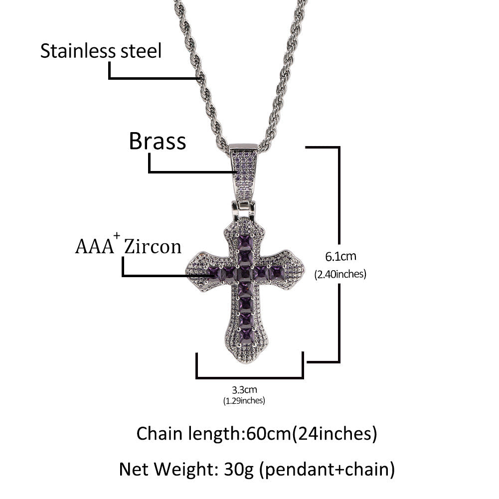 Hip-hop copper-inlaid purple zircon cross necklace by nowadaysfashion