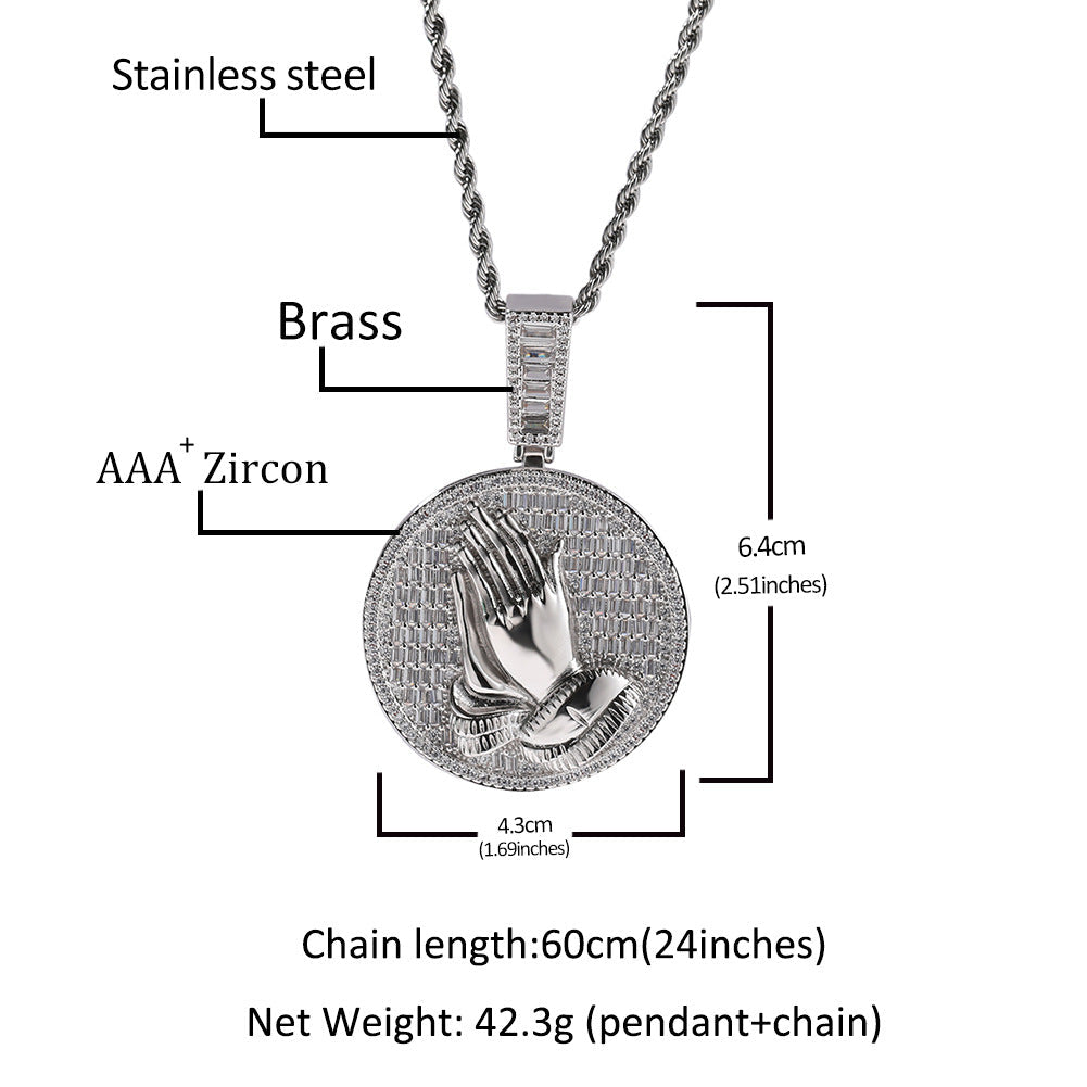 Hip-hop round disc zircon-encrusted praying hands pendant by nowadaysfashion