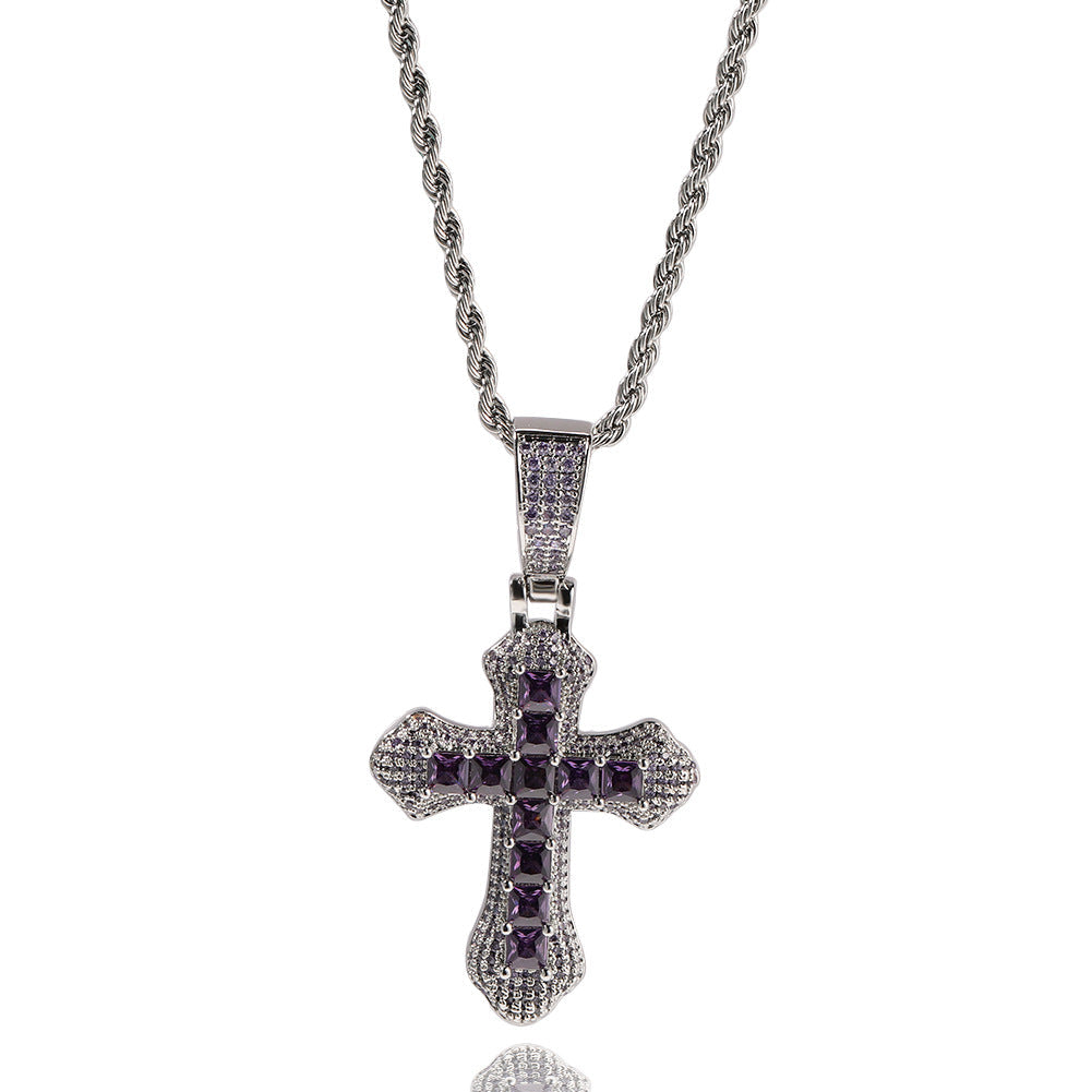 Hip-hop copper-inlaid purple zircon cross necklace by nowadaysfashion