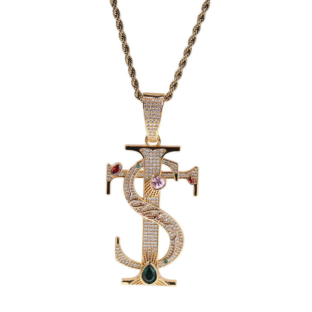 Hip-hop colored zircon TS cross necklace by nowadaysfashion