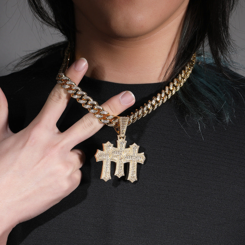 Hip-hop diamond-encrusted zircon three-cross Cuban necklace by nowadaysfashion