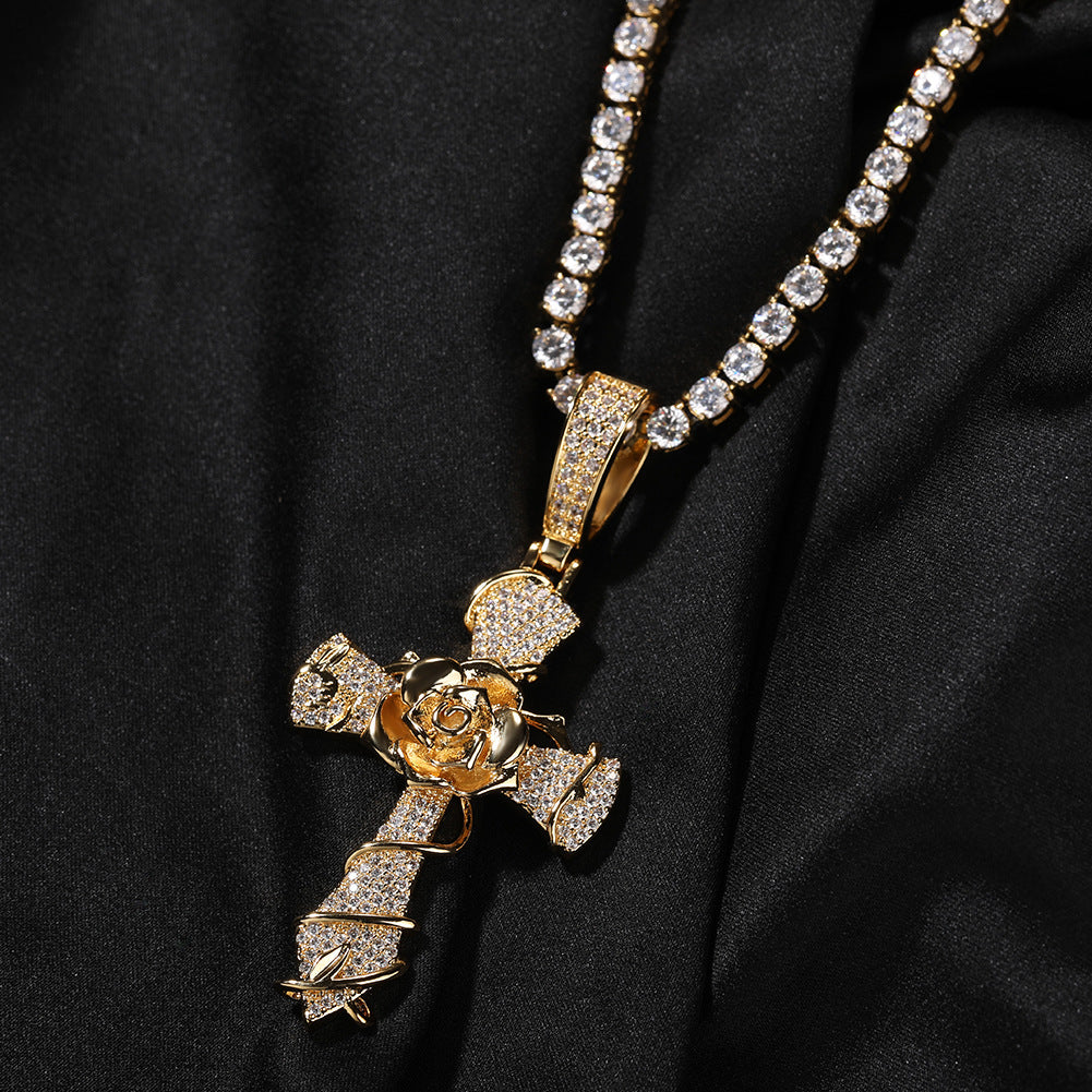 Hip-hop rose cross necklace with 5A zircon inlay by nowadaysfashion