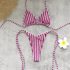 Women Three Point Striped Printed Lace up Sexy Backless Low Waist Bikini Split Swimsuit Bikini by Bella Mia