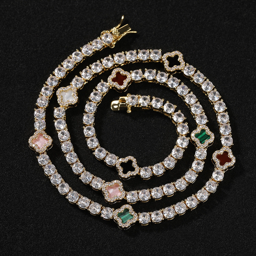 Hip-hop four-leaf clover diamond tennis chain necklace bracelet by nowadaysfashion