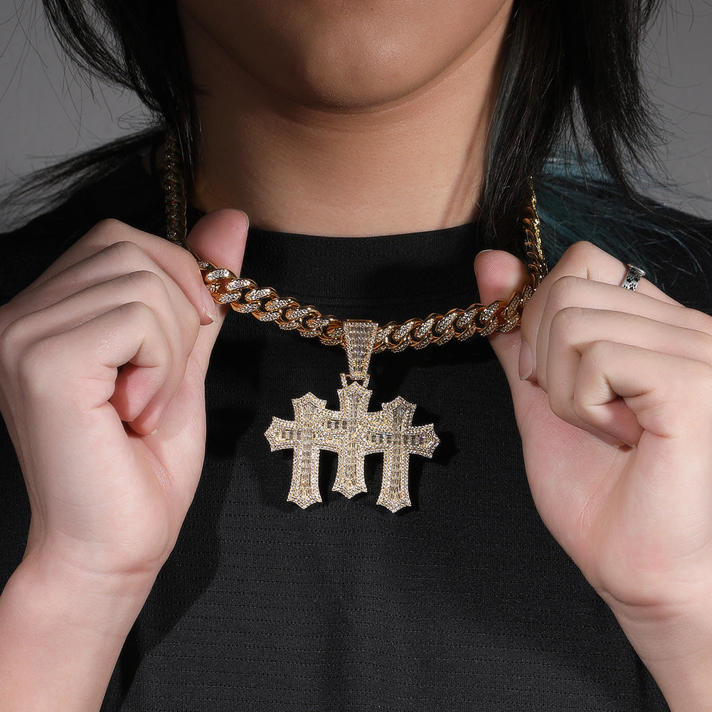 Hip-hop diamond-encrusted zircon three-cross Cuban necklace by nowadaysfashion