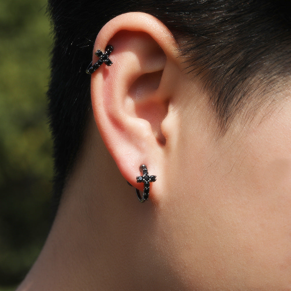 Hip Hop Zircon Black Spiral Clasp Cross Earrings by nowadaysfashion