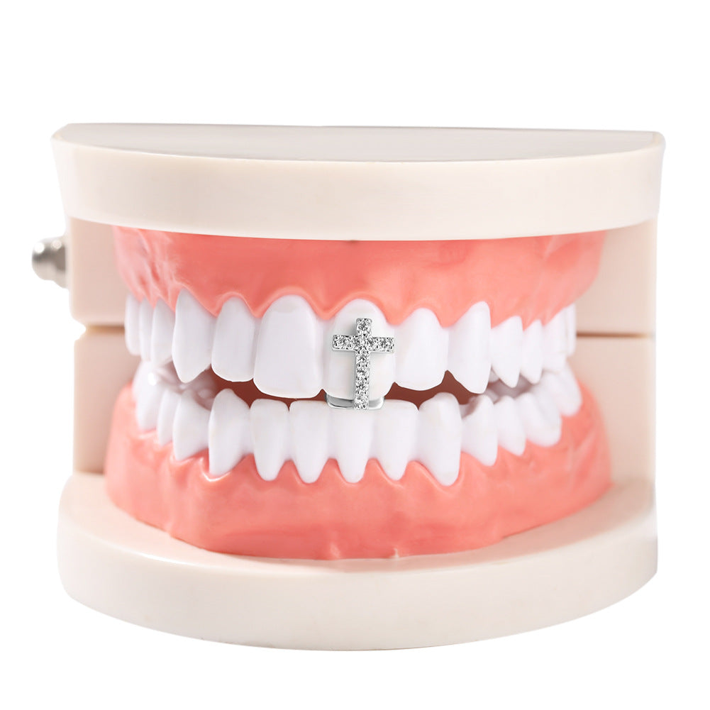 Hip-hop gold braces with zirconia cross Teeth Grillz by nowadaysfashion