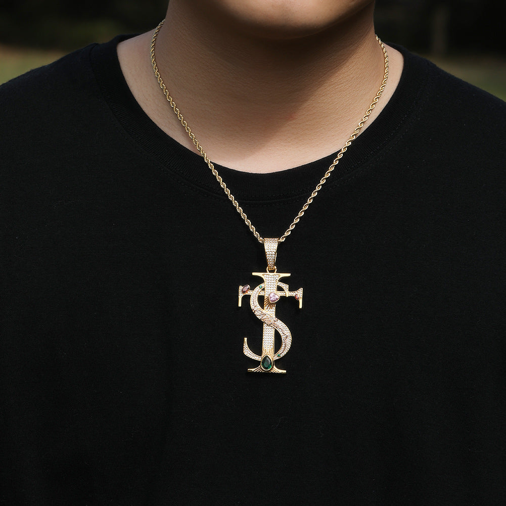 Hip-hop colored zircon TS cross necklace by nowadaysfashion