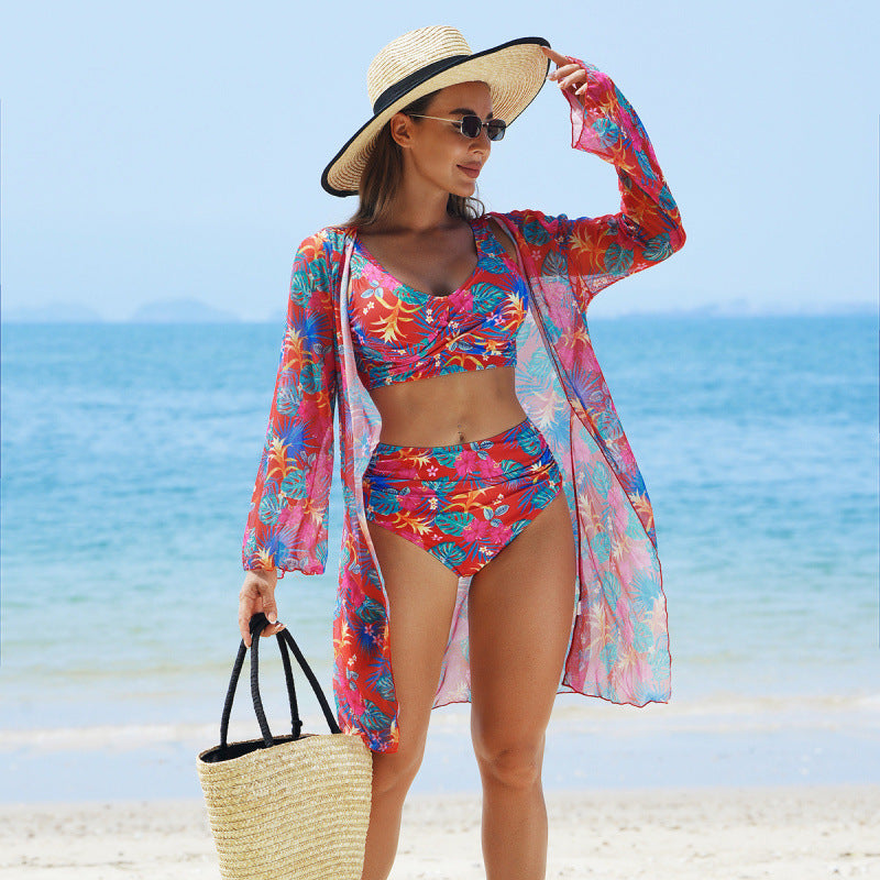 Swimwear Women Split Printed Bikini Bikini Mesh High Waist Swimsuit Three Piece Swimsuit by Bella Mia