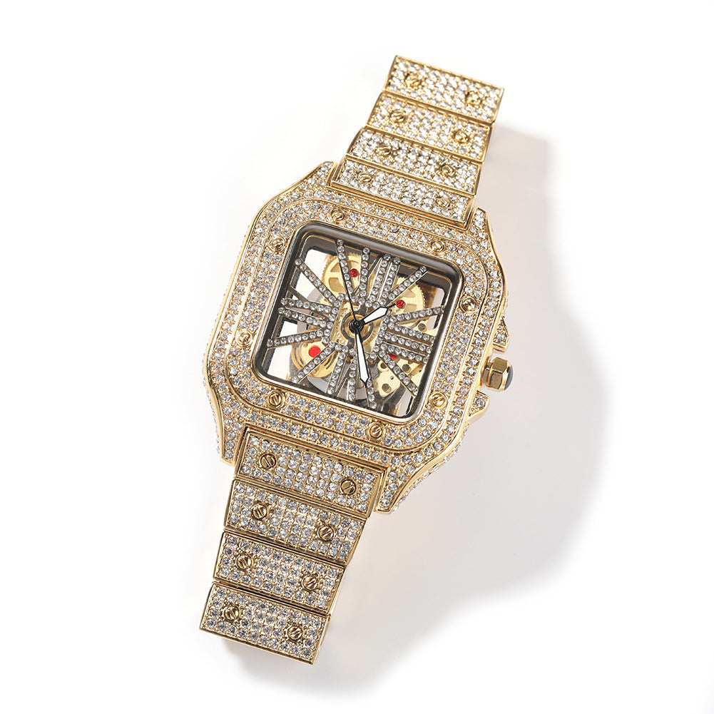 Hip-hop diamond-encrusted hollowed-out square watch by nowadaysfashion
