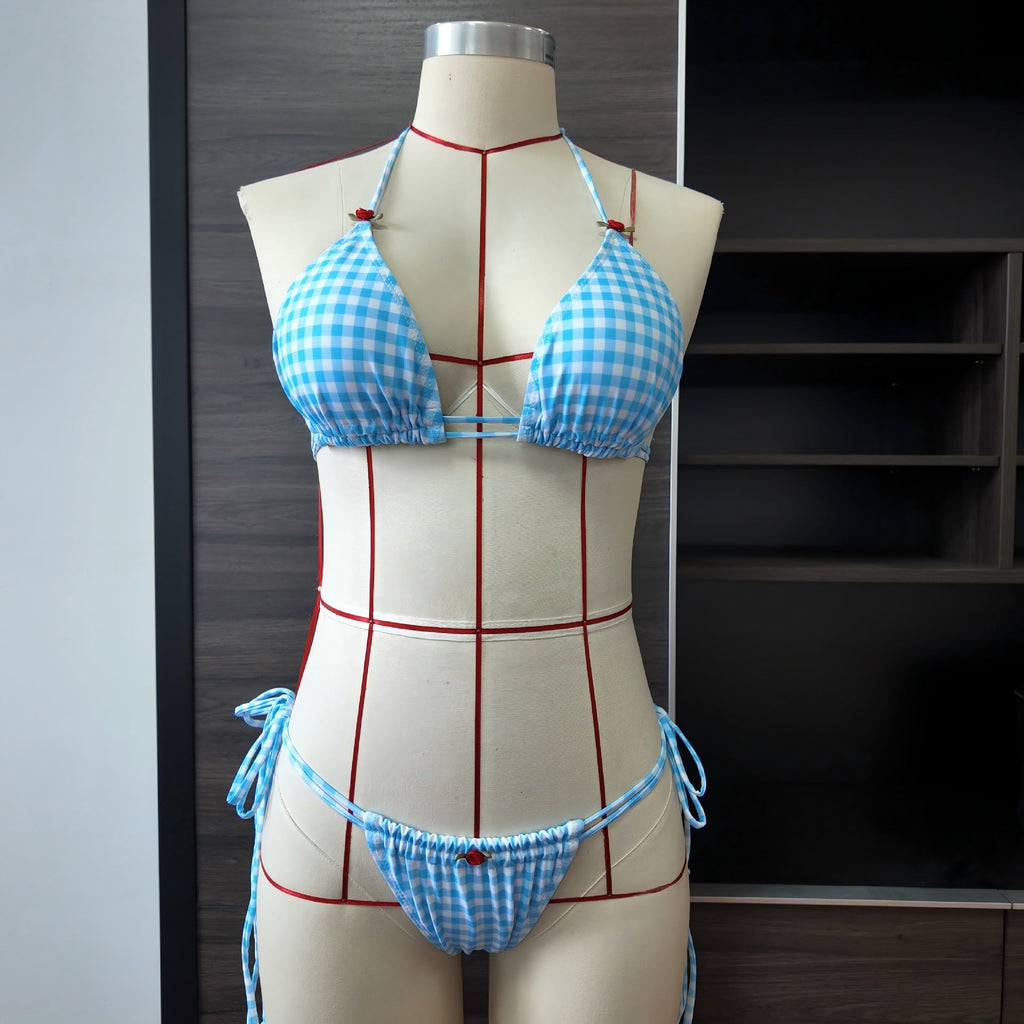 Blue White Plaid Banded Bikini Women Printed Roses Sexy Split Swimsuit Women by Bella Mia