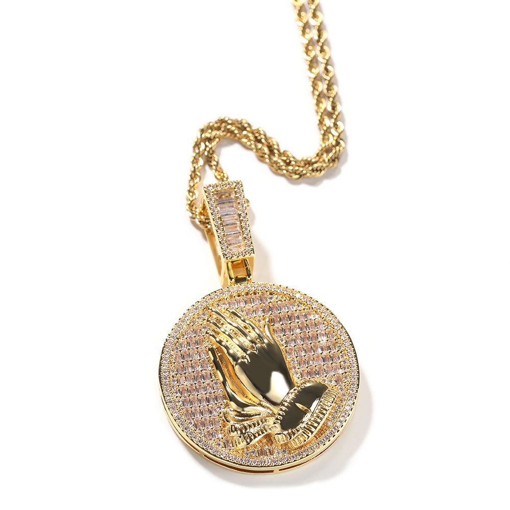 Hip-hop round disc zircon-encrusted praying hands pendant by nowadaysfashion