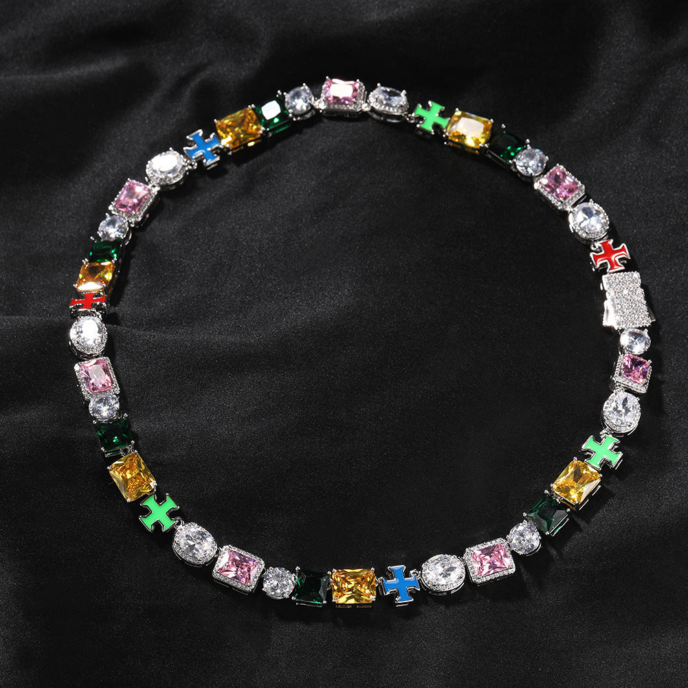 Hip-hop necklace with colorful zircon inlays and a square cross by nowadaysfashion