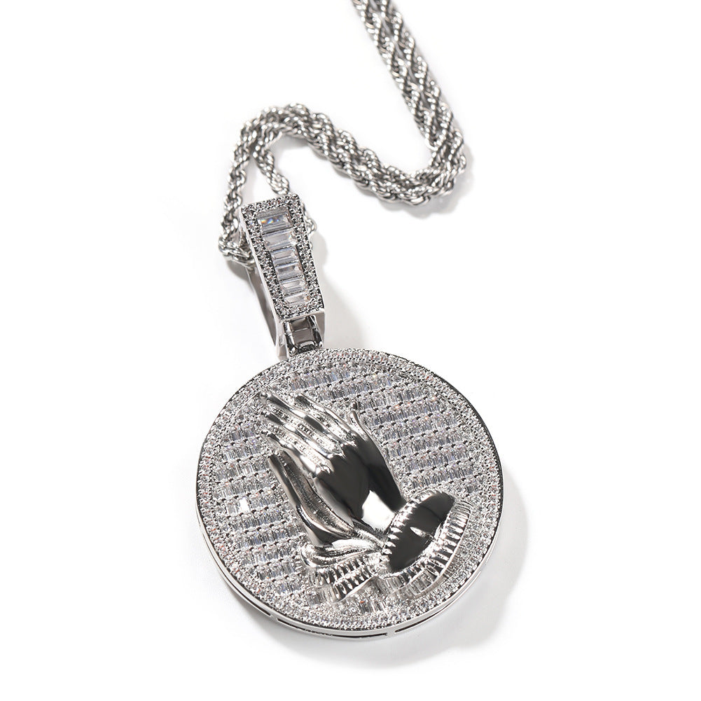 Hip-hop round disc zircon-encrusted praying hands pendant by nowadaysfashion