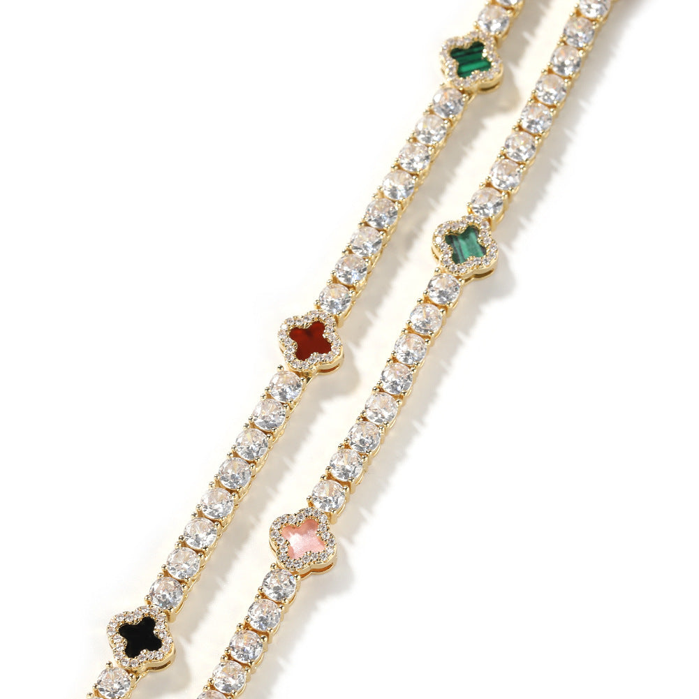 Hip-hop four-leaf clover diamond tennis chain necklace bracelet by nowadaysfashion