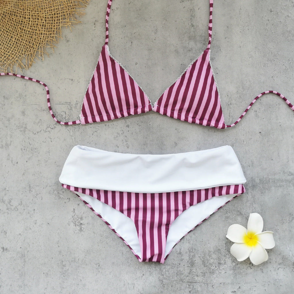 Striped Printed Sexy Backless Lace up Three Point High Waist Bikini Split Swimsuit for Women by Bella Mia