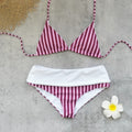 Striped Printed Sexy Backless Lace up Three Point High Waist Bikini Split Swimsuit for Women by Bella Mia