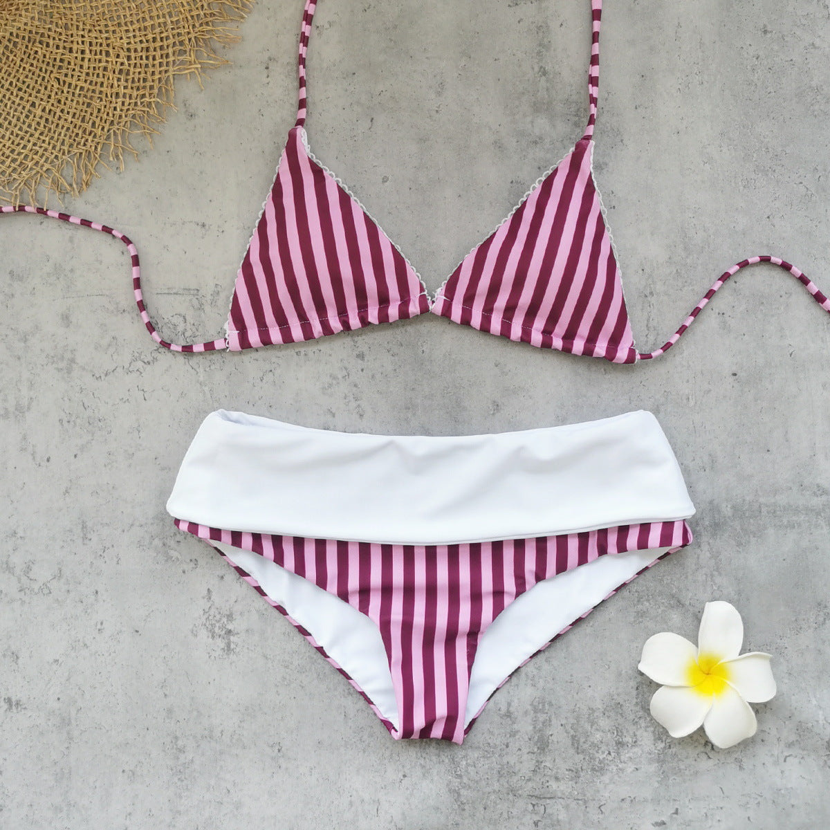 Striped Printed Sexy Backless Lace up Three Point High Waist Bikini Split Swimsuit for Women by Bella Mia