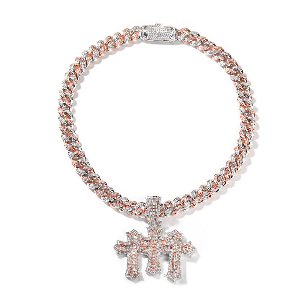 Hip-hop diamond-encrusted zircon three-cross Cuban necklace by nowadaysfashion