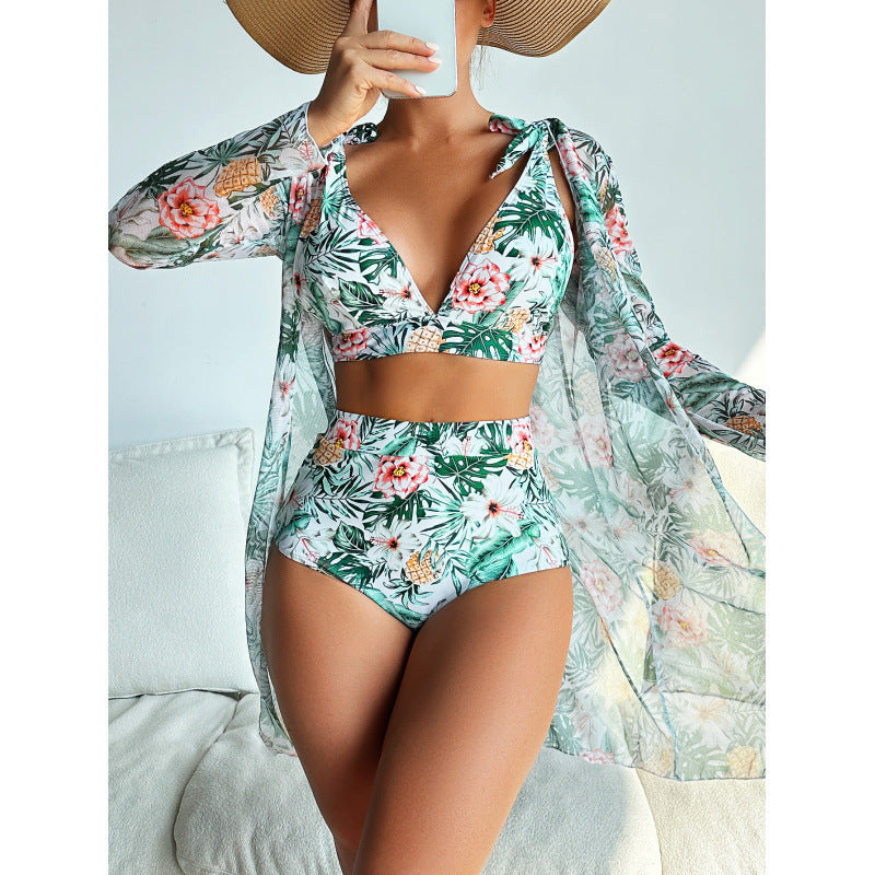 Swimwear Women Split Long Sleeved Blouse Sexy Print Bikini Swimsuit Three Piece Swimsuit by Bella Mia