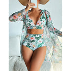 Swimwear Women Split Long Sleeved Blouse Sexy Print Bikini Swimsuit Three Piece Swimsuit by Bella Mia